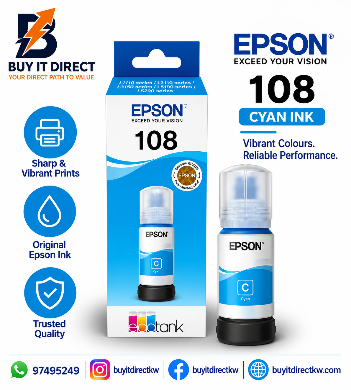 زجاجة حبر Epson 108 EcoTank أصلية باللون السماوي 70 مل – C13T09C24A