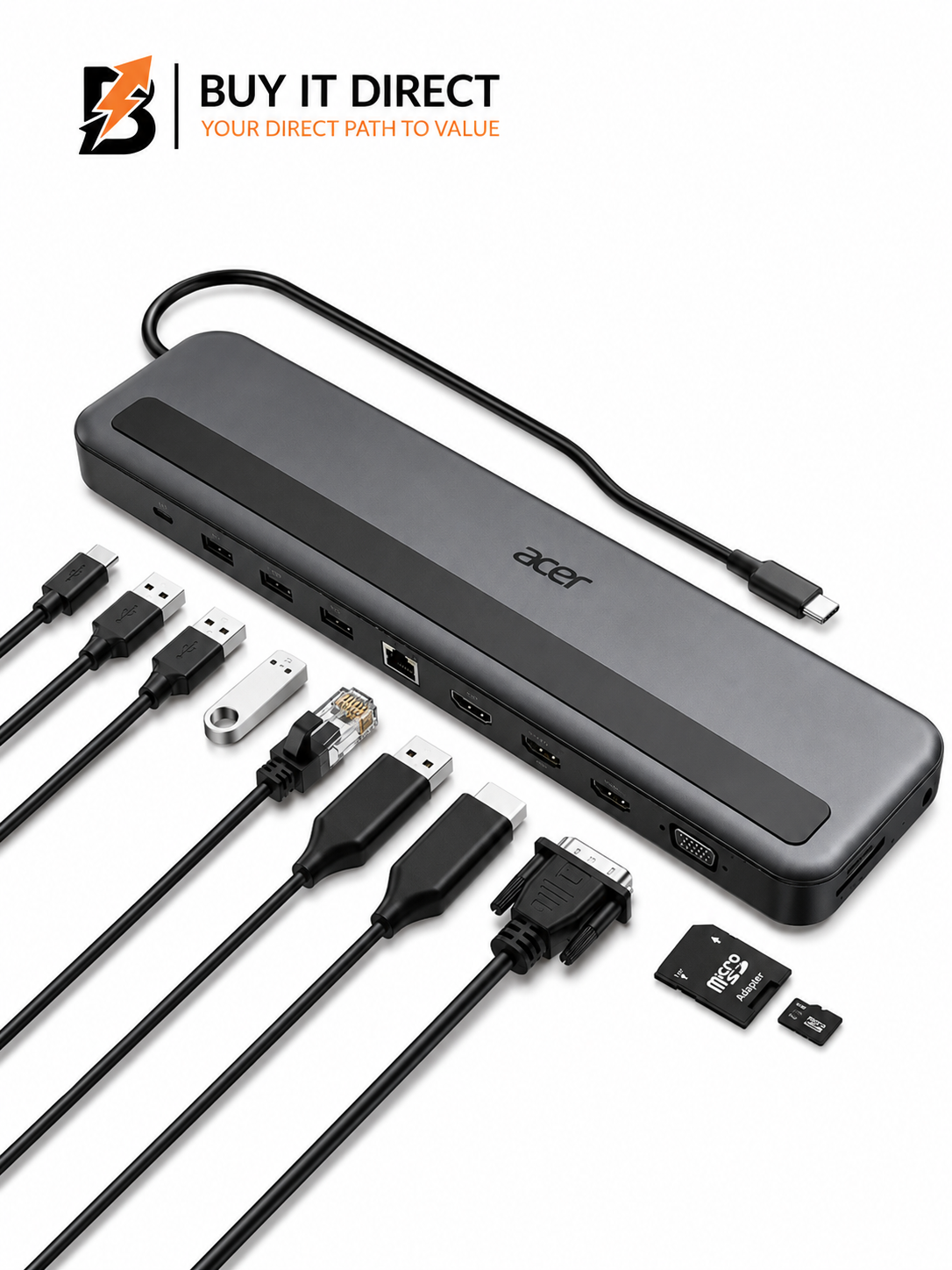 محطة إرساء Acer USB C 13 في 1 مع حامل ودعم ثلاث شاشات وشحن PD بقوة 100 واط باللون الأسود