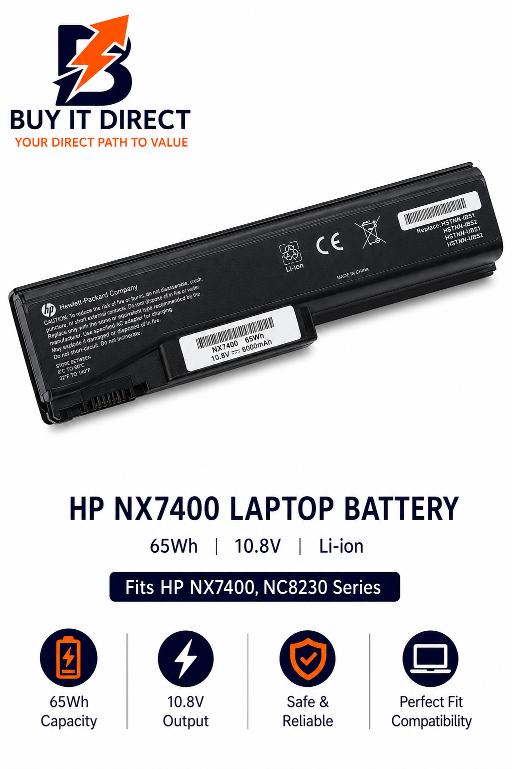 بطارية لابتوب اتش بي NX7400 بسعة 65 واط ساعة متوافقة مع HP NX7400 وسلسلة NC8230