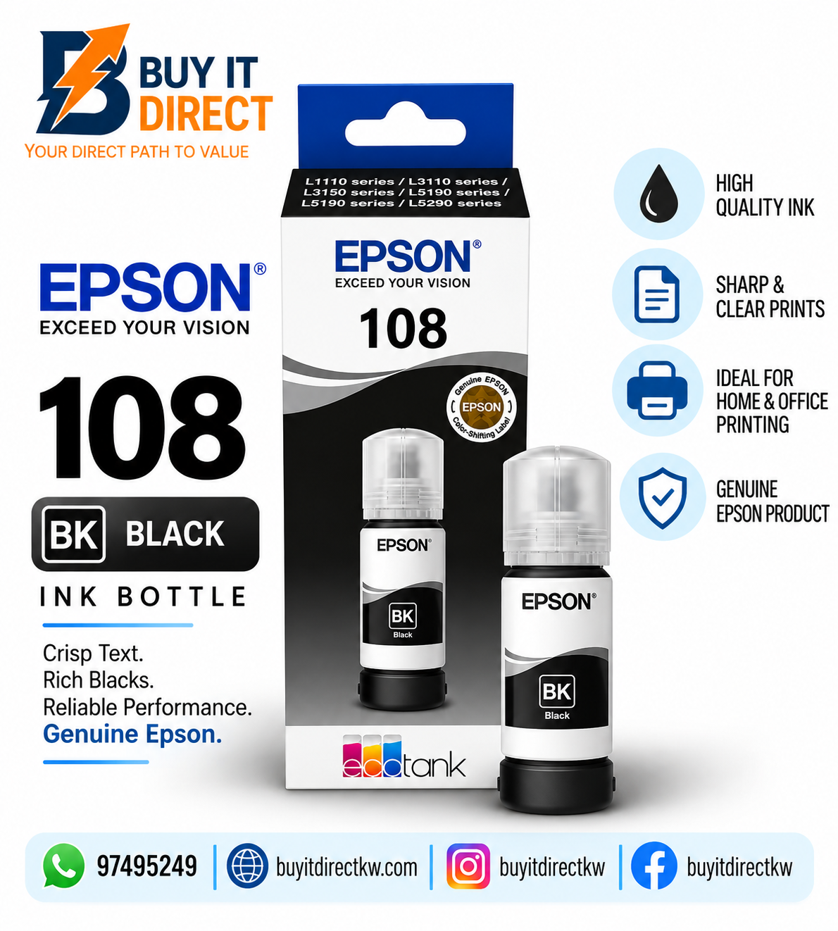 زجاجة حبر Epson 108 EcoTank أصلية باللون الأسود 70 مل – C13T09C14A