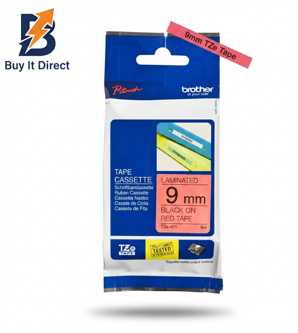Brother Genuine TZe-421 Labelling Tape Cassette – Black on Red, 9mm wide