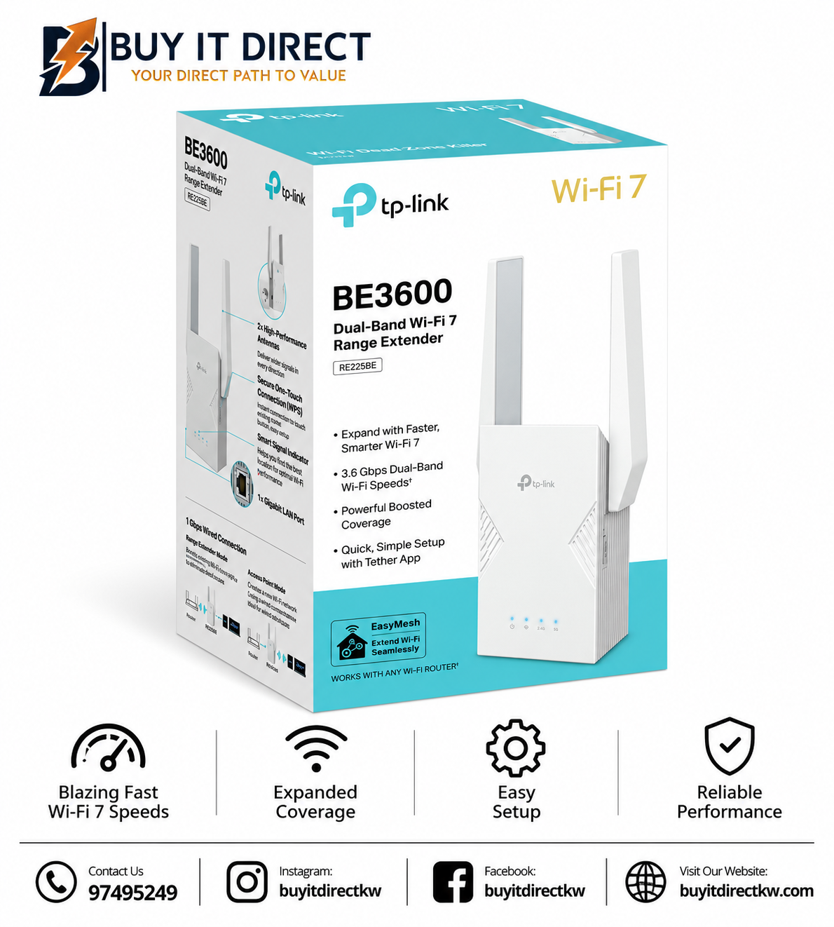 موسع نطاق TP-Link RE225BE BE3600 Wi-Fi 7 ثنائي النطاق RE225BE