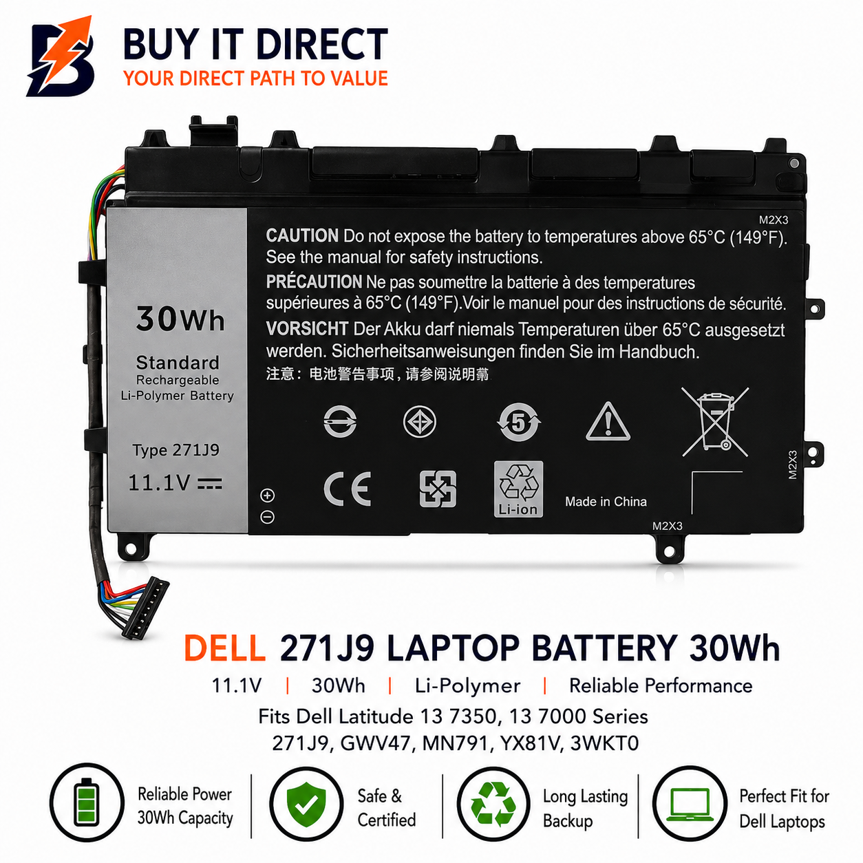 بطارية لابتوب ديل 271J9 بسعة 30 واط ساعة متوافقة مع Dell Latitude 13 7350 وسلسلة 13 7000 وGWV47 وMN791 وYX81V و3WKT0