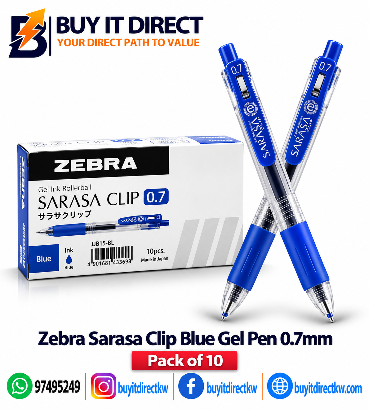 ZEBRA SARASA CLIP GEL INK ROLLERBALL PEN – BLUE 0.7MM – PACK OF 10