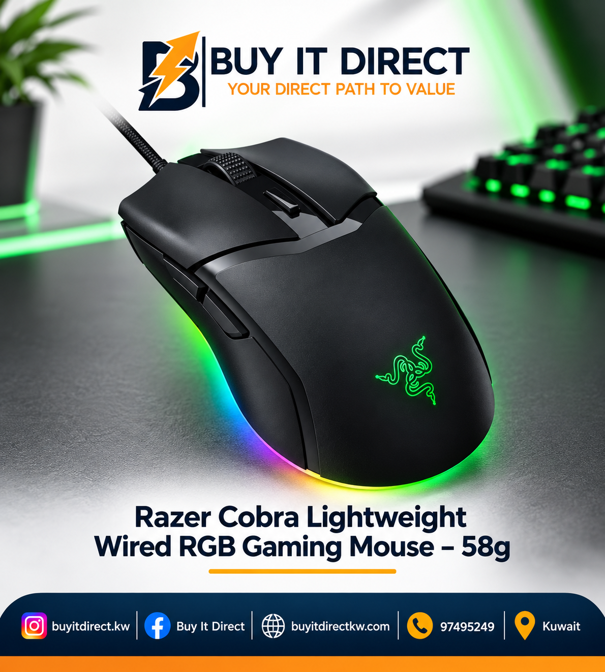 ماوس ريزر كوبرا سلكي خفيف الوزن مع إضاءة RGB للألعاب 58 جرام أسود