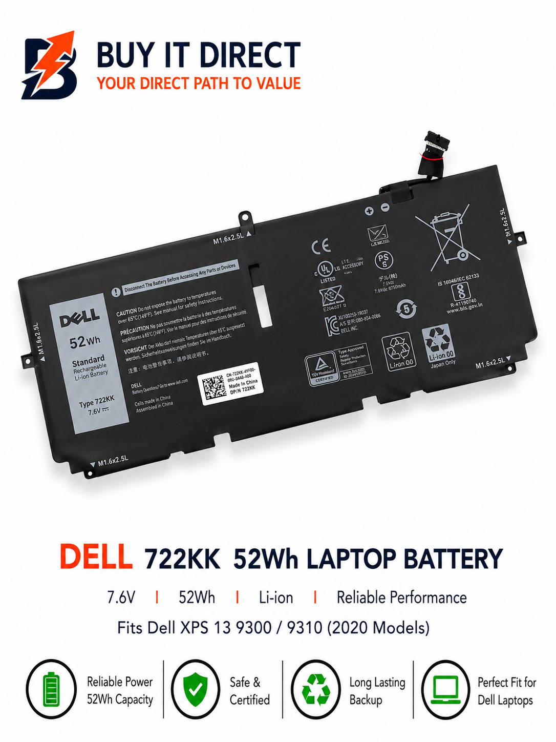 بطارية لابتوب ديل 722KK بسعة 52 واط ساعة متوافقة مع Dell XPS 13 9300 و9310 موديلات 2020