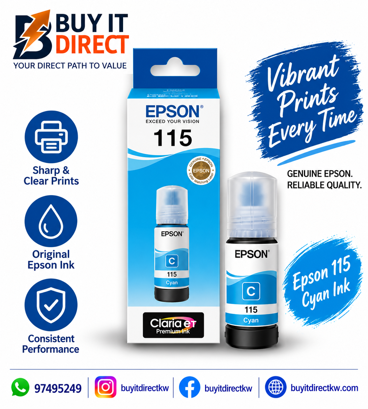 زجاجة حبر Epson 115 EcoTank أصلية باللون السماوي – C13T07D24A