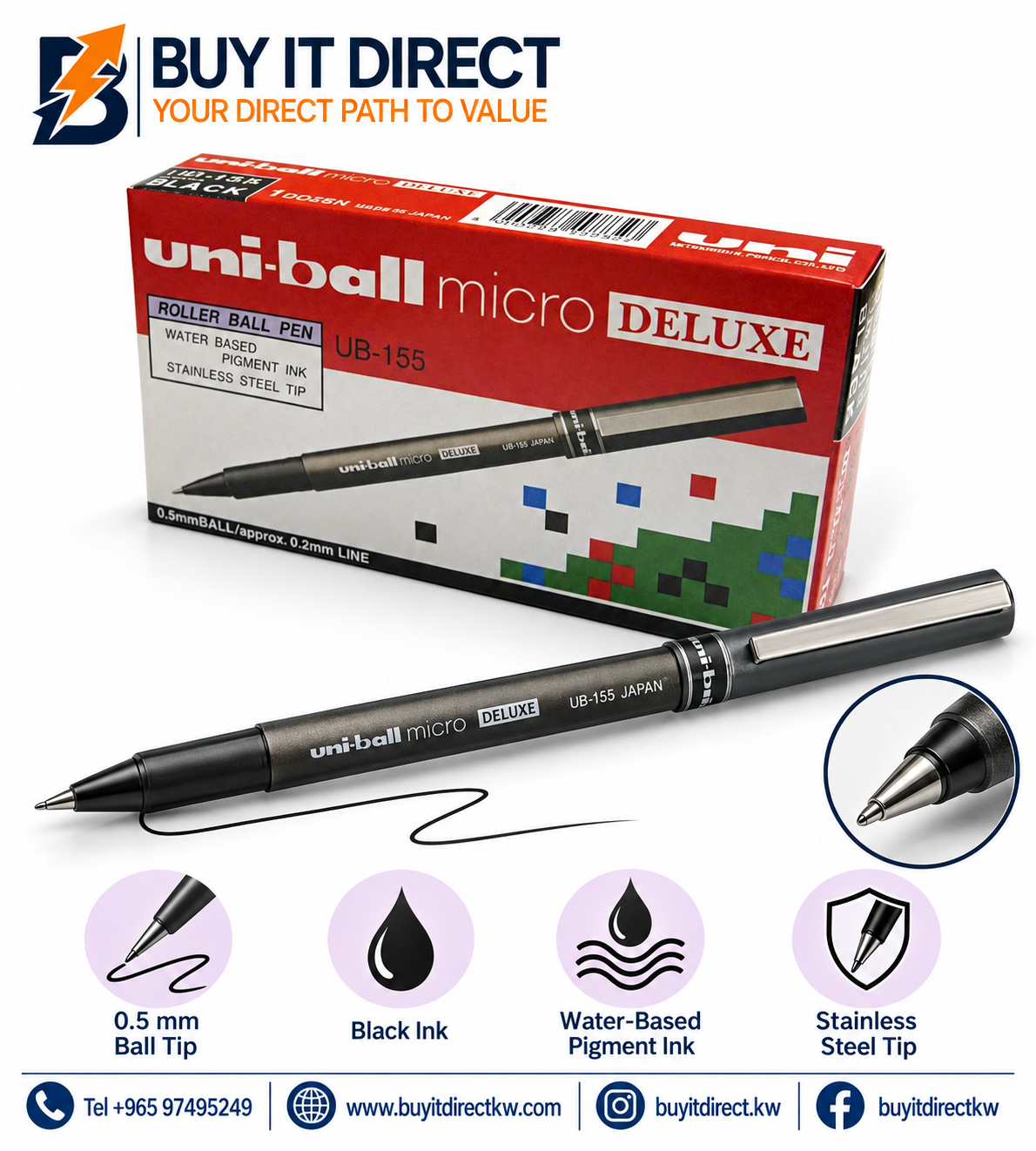 أقلام uni-ball Eye Micro Deluxe UB-155 أسود 0.5 مم - عبوة 12 قلم