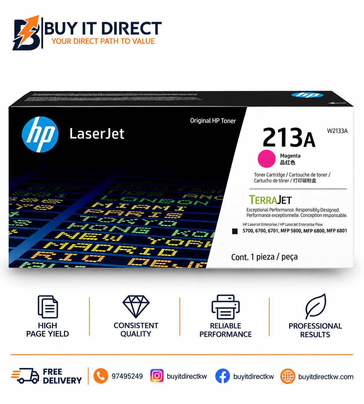 خرطوشة حبر HP 213A أصلية لطابعات LaserJet باللون الأرجواني 3000 صفحة W2133A