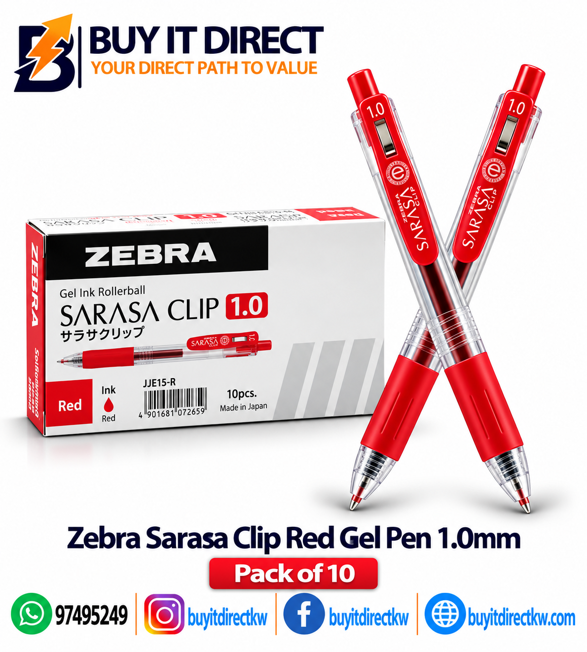 ZEBRA SARASA CLIP GEL INK ROLLERBALL PEN – RED 1.0MM – PACK OF 10