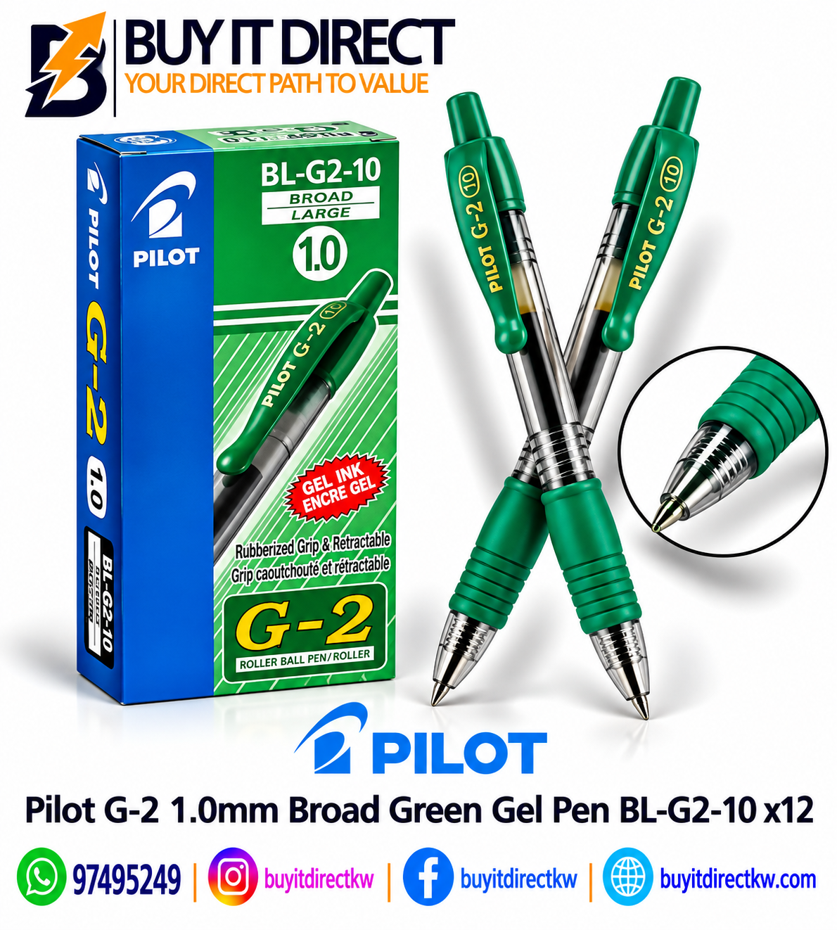 Pilot G-2 1.0mm Broad Green Gel Pen BL-G2-10 x12