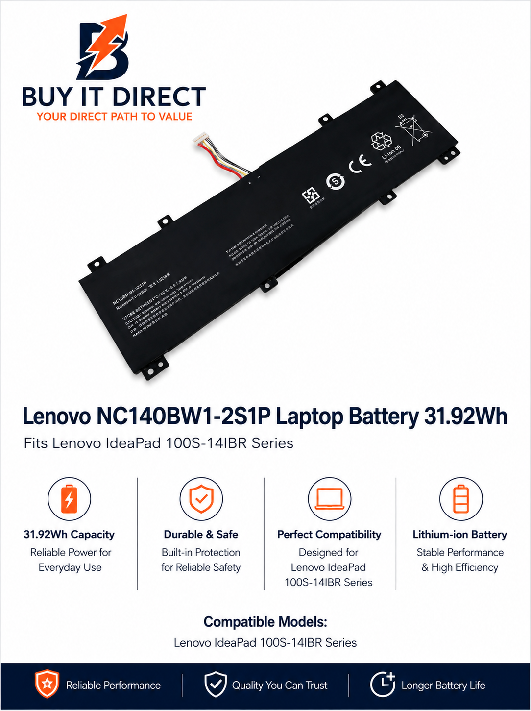 بطارية لابتوب Lenovo 100S بسعة 31.92Wh لسلسلة IdeaPad 100S 14IBR