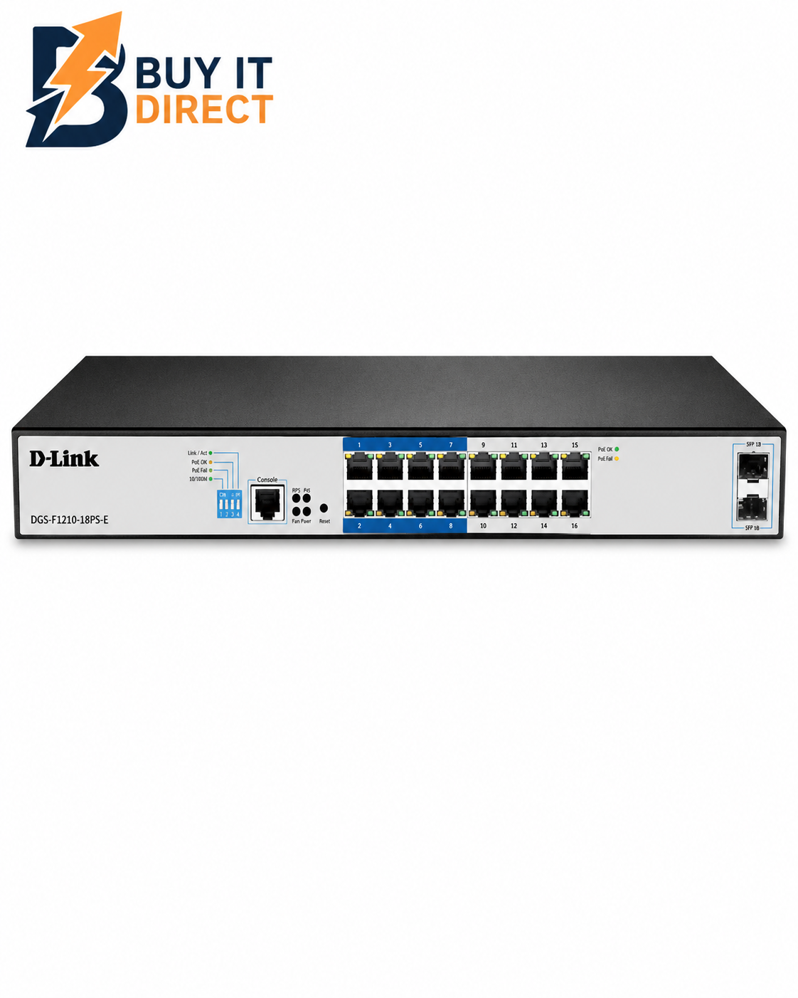 مبدل مراقبة D-Link مُدار من الطبقة الثانية بمدى بعيد بتقنية PoE+ بـ16 منفذ (DGS-F1210-18PS-E)