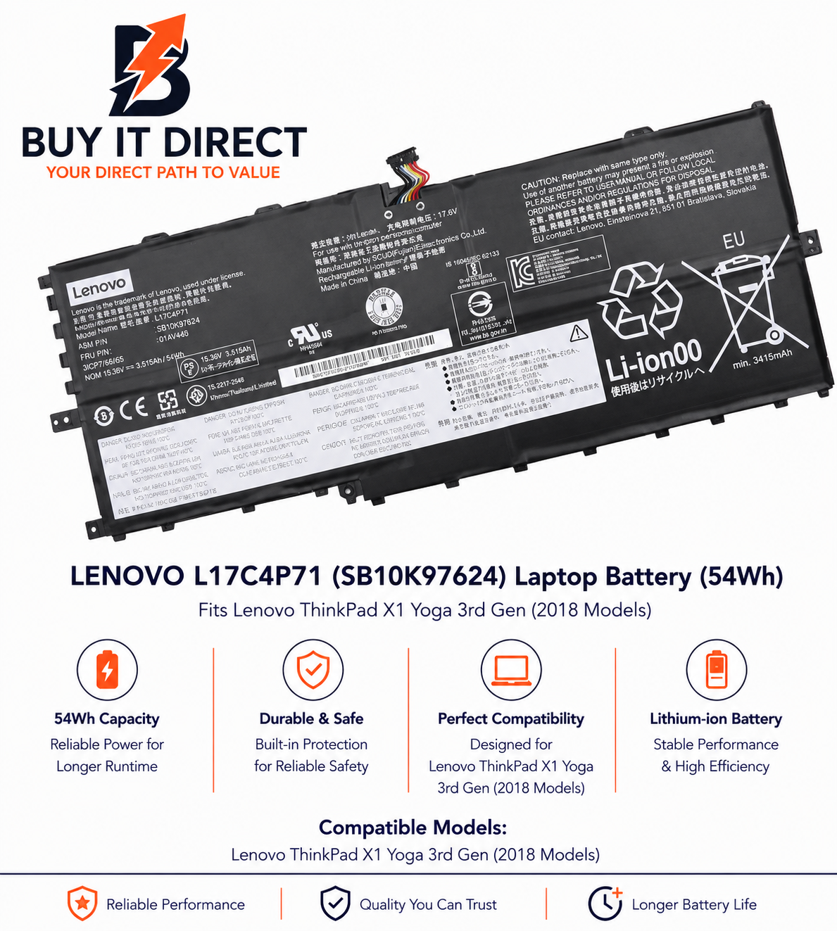بطارية لابتوب Lenovo L17C4P71 بسعة 54Wh لأجهزة ThinkPad X1 Yoga الجيل الثالث