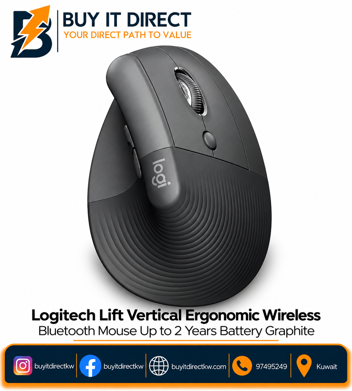 Logitech Lift Vertical Ergonomic Wireless Bluetooth Mouse Up to 2 Years Battery Graphite
