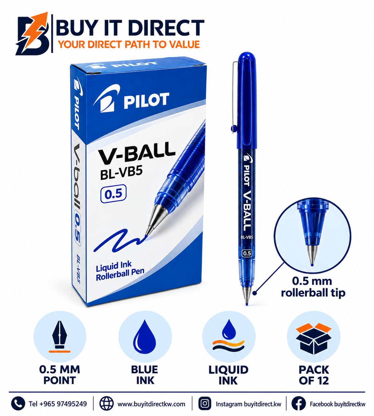 Pilot V-Ball BL-VB5 0.5 mm Blue Pen - Pack of 12