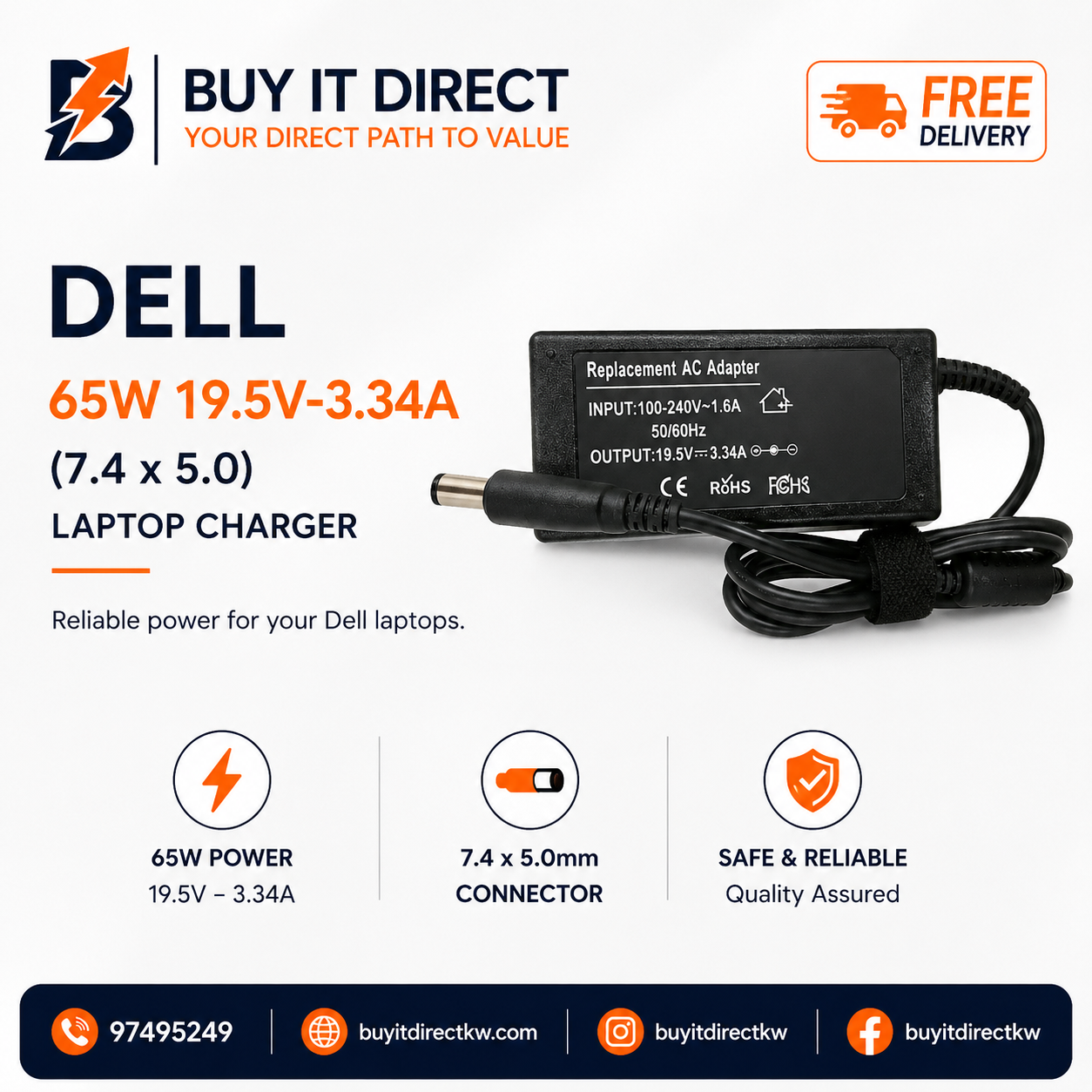 شاحن لابتوب Dell بقوة 65 واط 19.5 فولت 3.34 أمبير مع كابل طاقة 7.4 × 5.0 مم