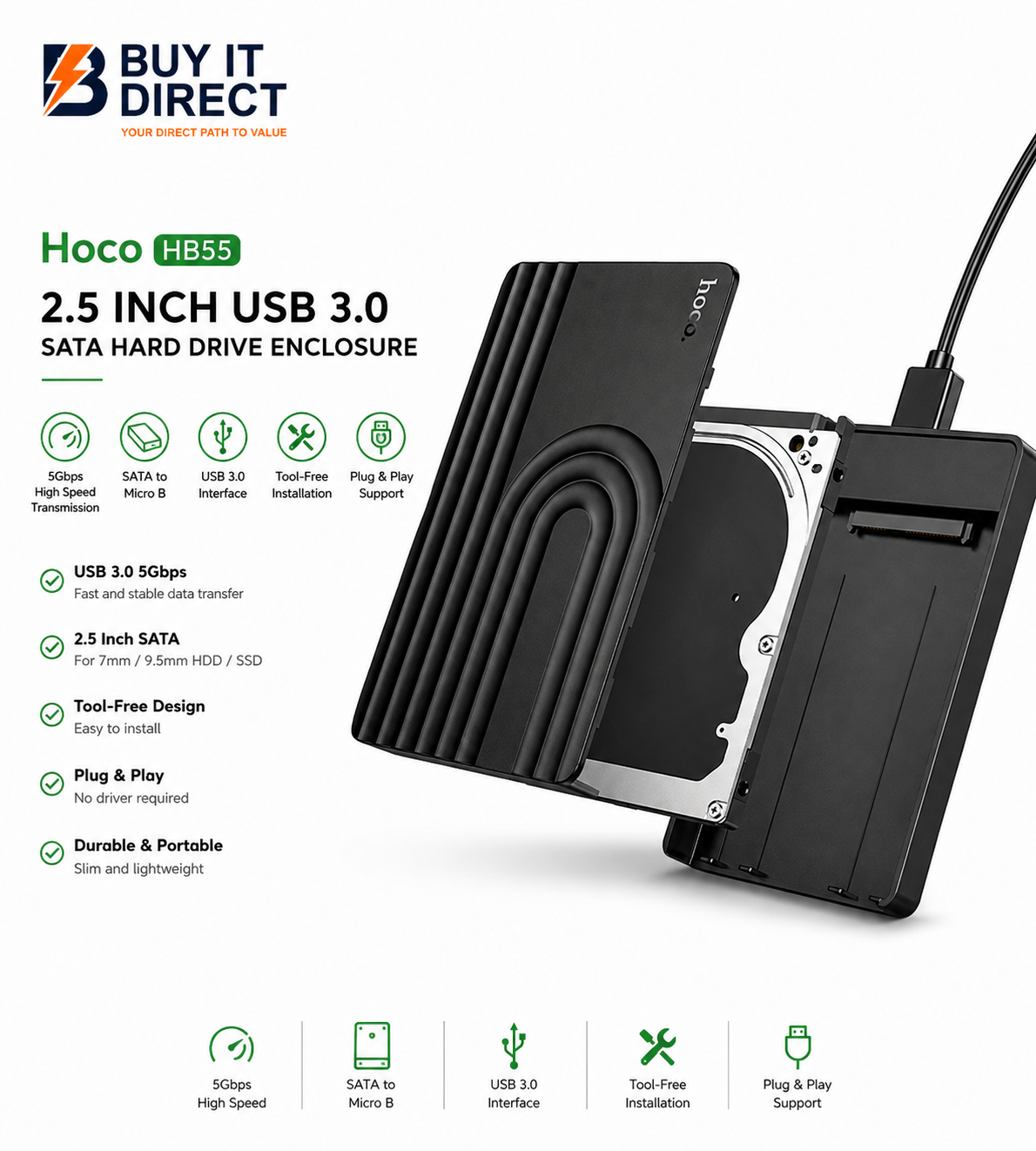 Hoco HB55 USB 3.0 2.5 Inch SATA Hard Drive Enclosure Black