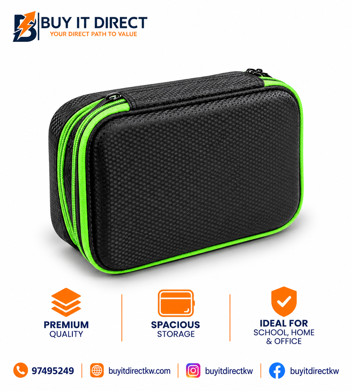Pencil Case Black Hard Shell with Green Zipper