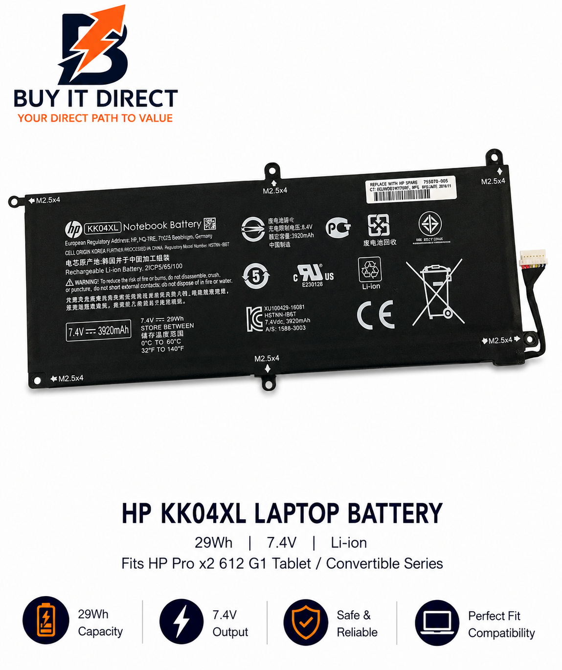 بطارية جهاز اتش بي KK04XL بسعة 29 واط ساعة متوافقة مع سلسلة HP Pro x2 612 G1 اللوحية والقابلة للتحويل