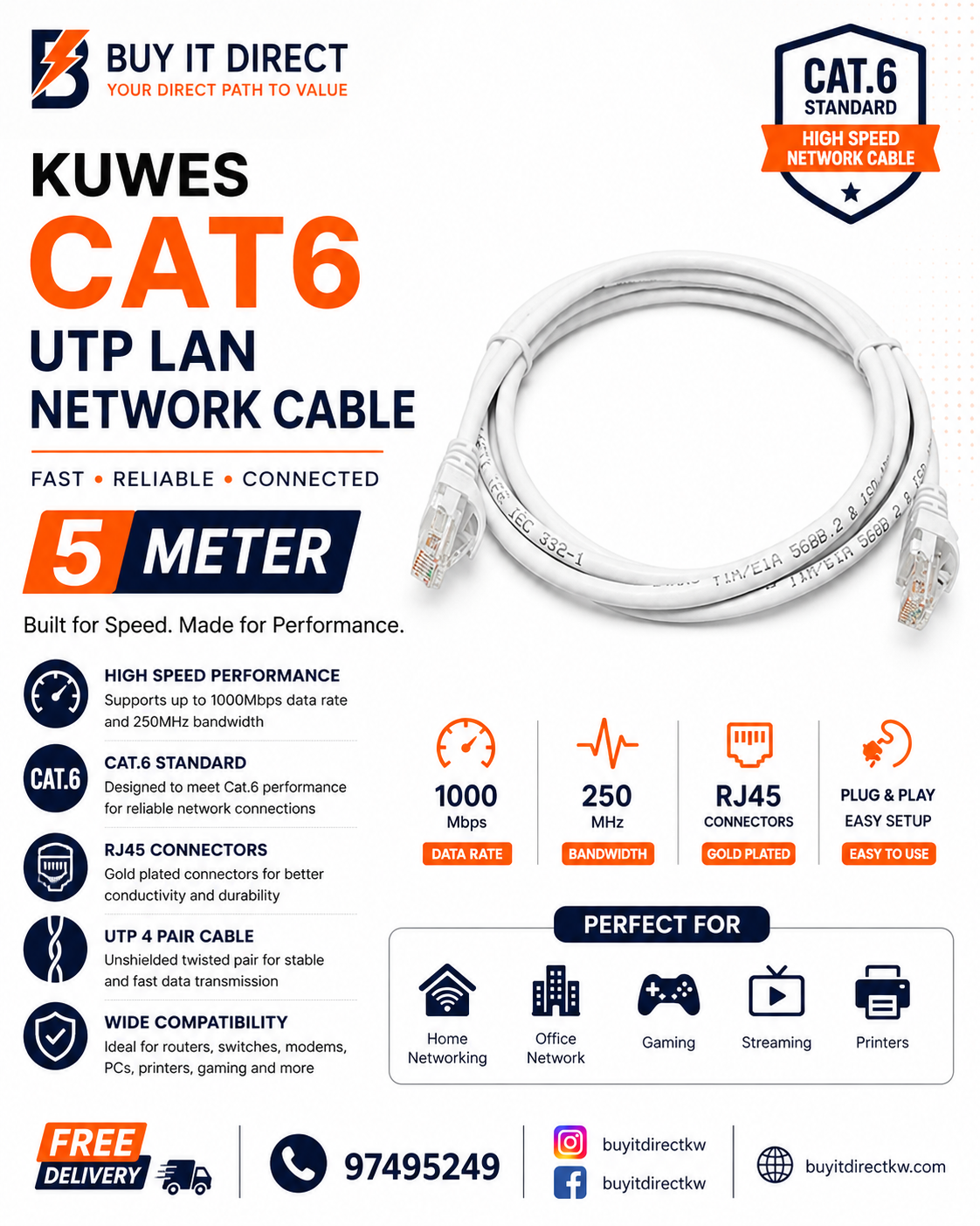 كابل شبكة Kuwes CAT6 بطول 5 متر UTP