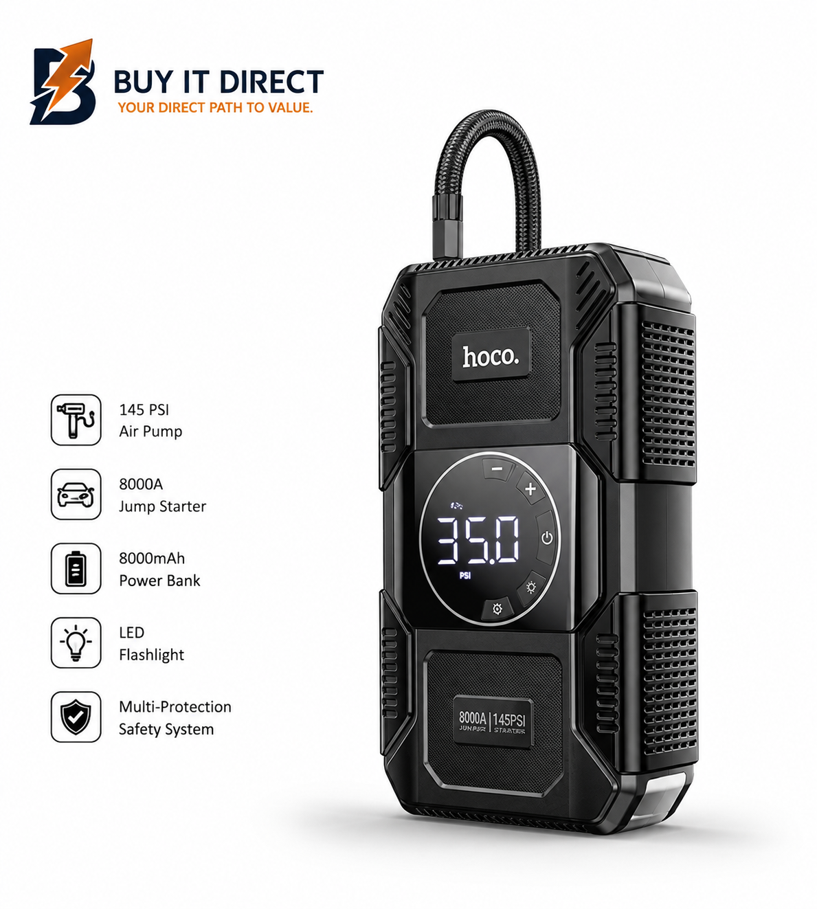 جهاز Hoco QS6 Clever الذكي لنفخ الإطارات وتشغيل السيارة للطوارئ وبنك طاقة 8000mAh