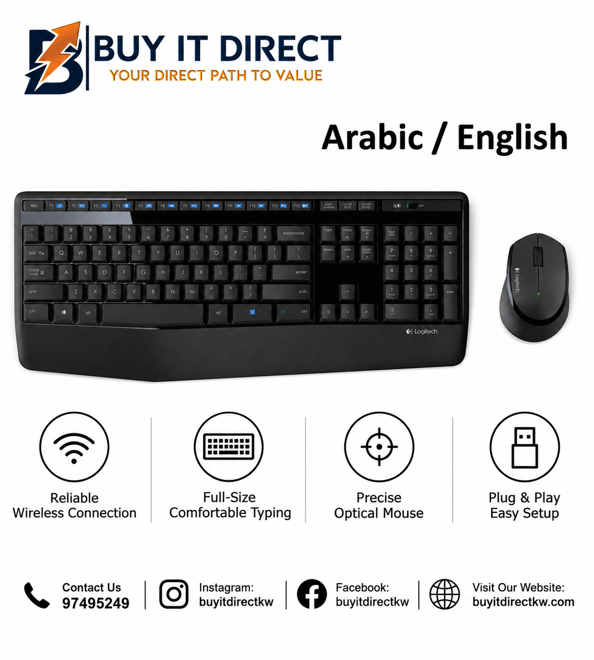 Logitech MK345 Comfort Wireless Keyboard and Mouse Combo Arabic English