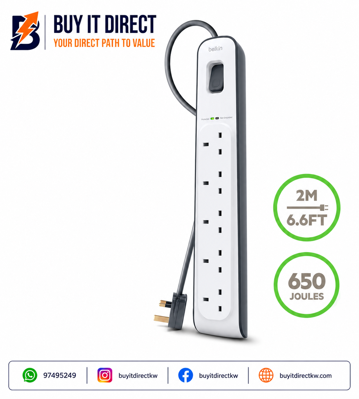 مشترك كهربائي Belkin بستة منافذ مع حماية من زيادة التيار أبيض