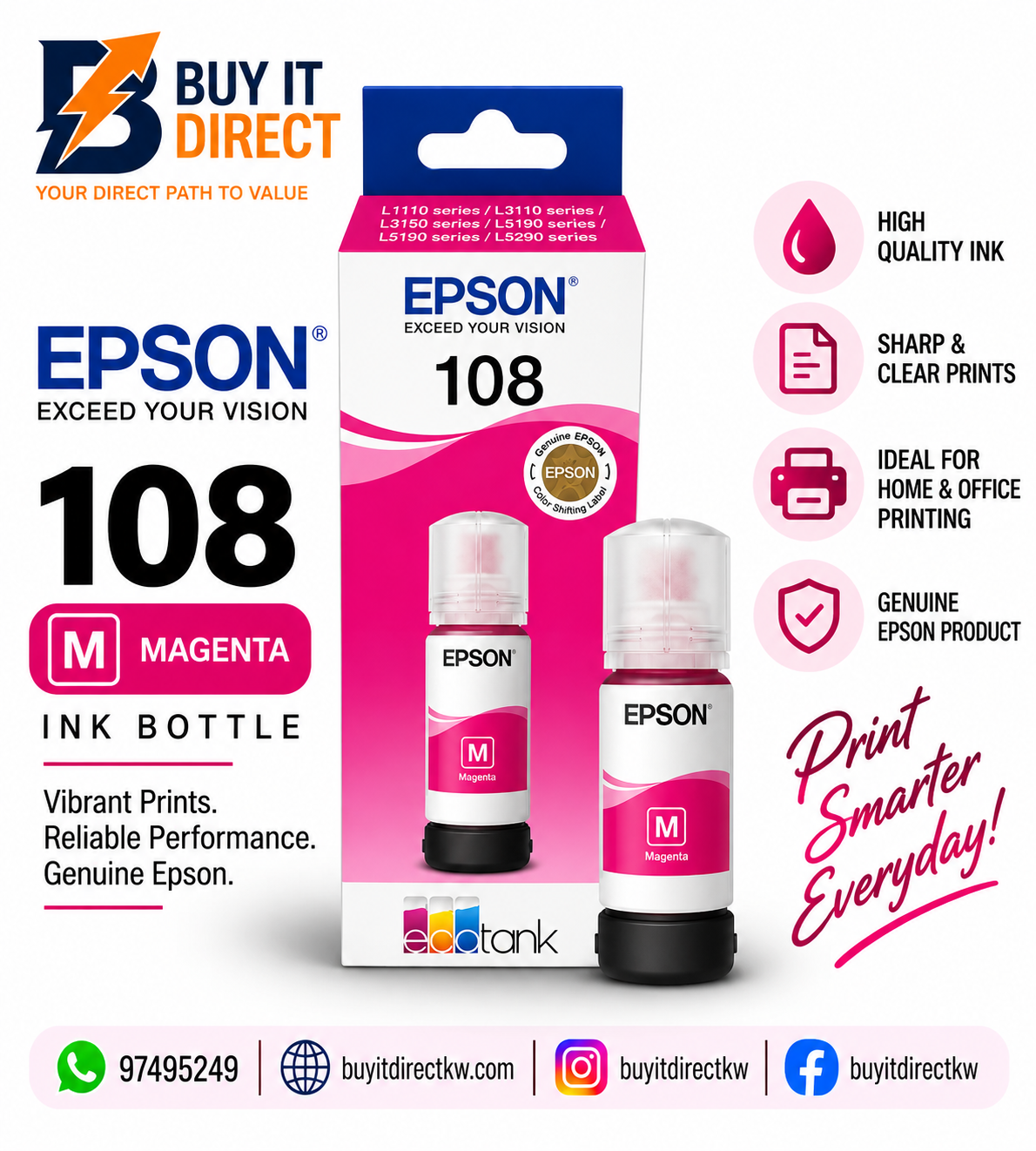 زجاجة حبر Epson 108 EcoTank أصلية باللون الأرجواني 70 مل – C13T09C34A