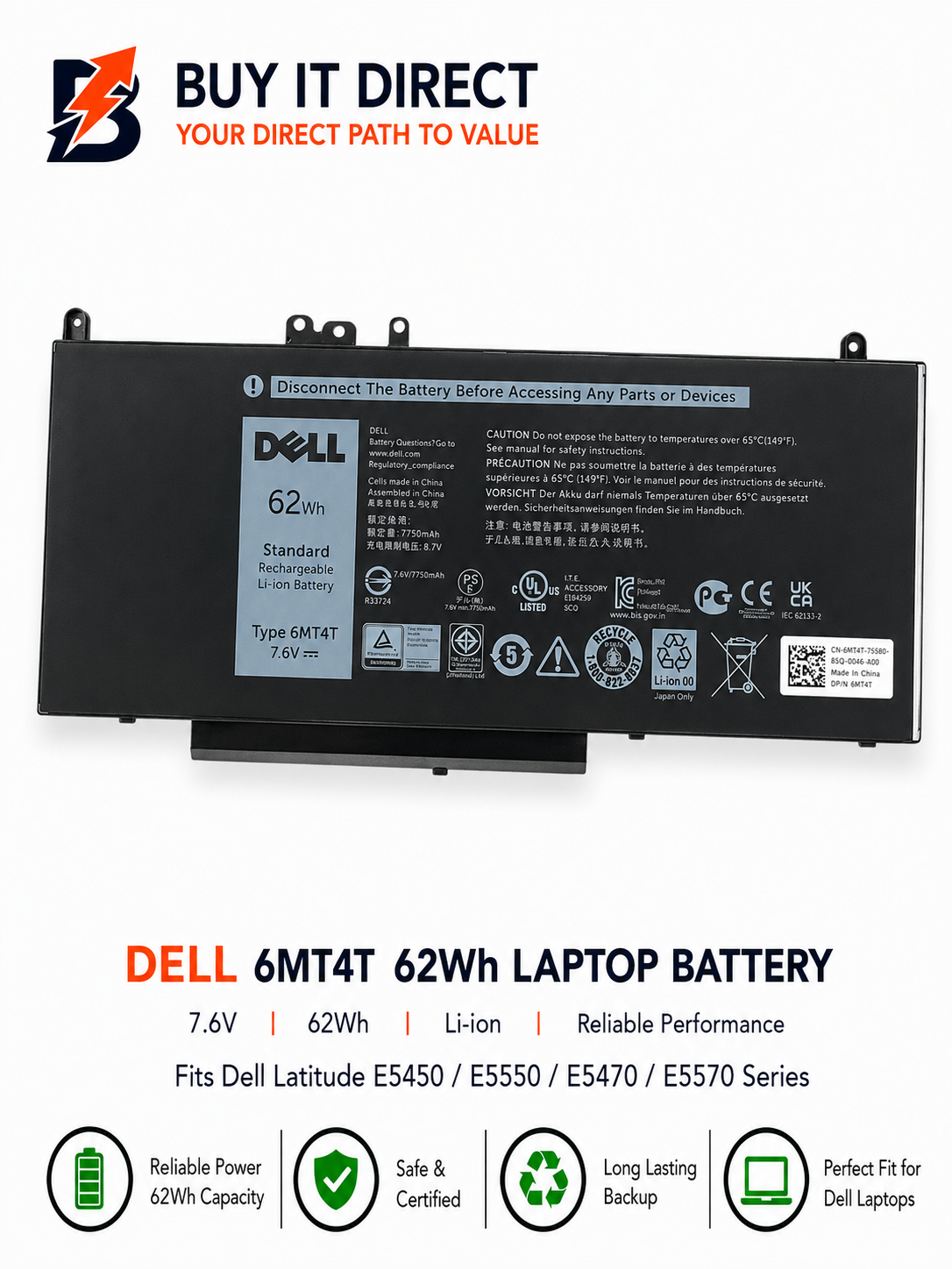 بطارية لابتوب ديل 6MT4T ليثيوم أيون 51 واط ساعة متوافقة مع Latitude E5450 وE5550 وE5470 وE5570