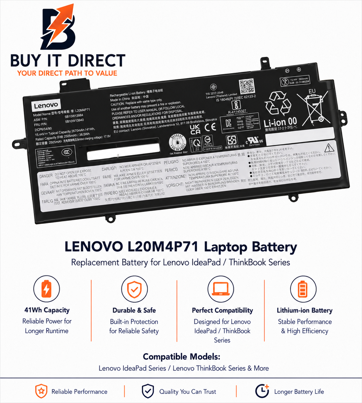 بطارية لابتوب Lenovo L20M4P71 بسعة 57Wh لأجهزة ThinkPad X1 Carbon و X1 Yoga