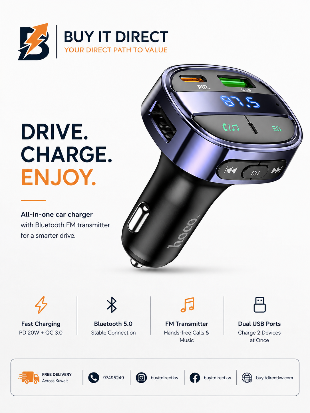 جهاز E70 بلوتوث FM للسيارة مع شحن PD30W و QC3.0
