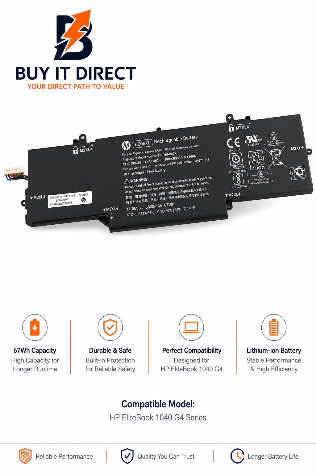 HP BE06XL Laptop Battery 67Wh Fits HP EliteBook 1040 G4 Series