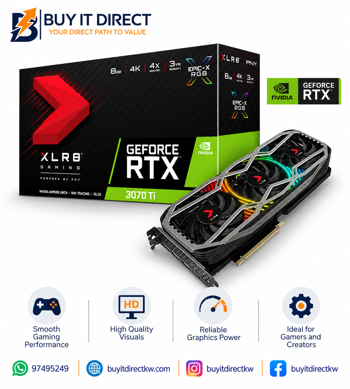بطاقة رسومات PNY GeForce RTX 3070 Ti XLR8 Gaming EPIC-X RGB ثلاثية المراوح سعة 8 جيجابايت