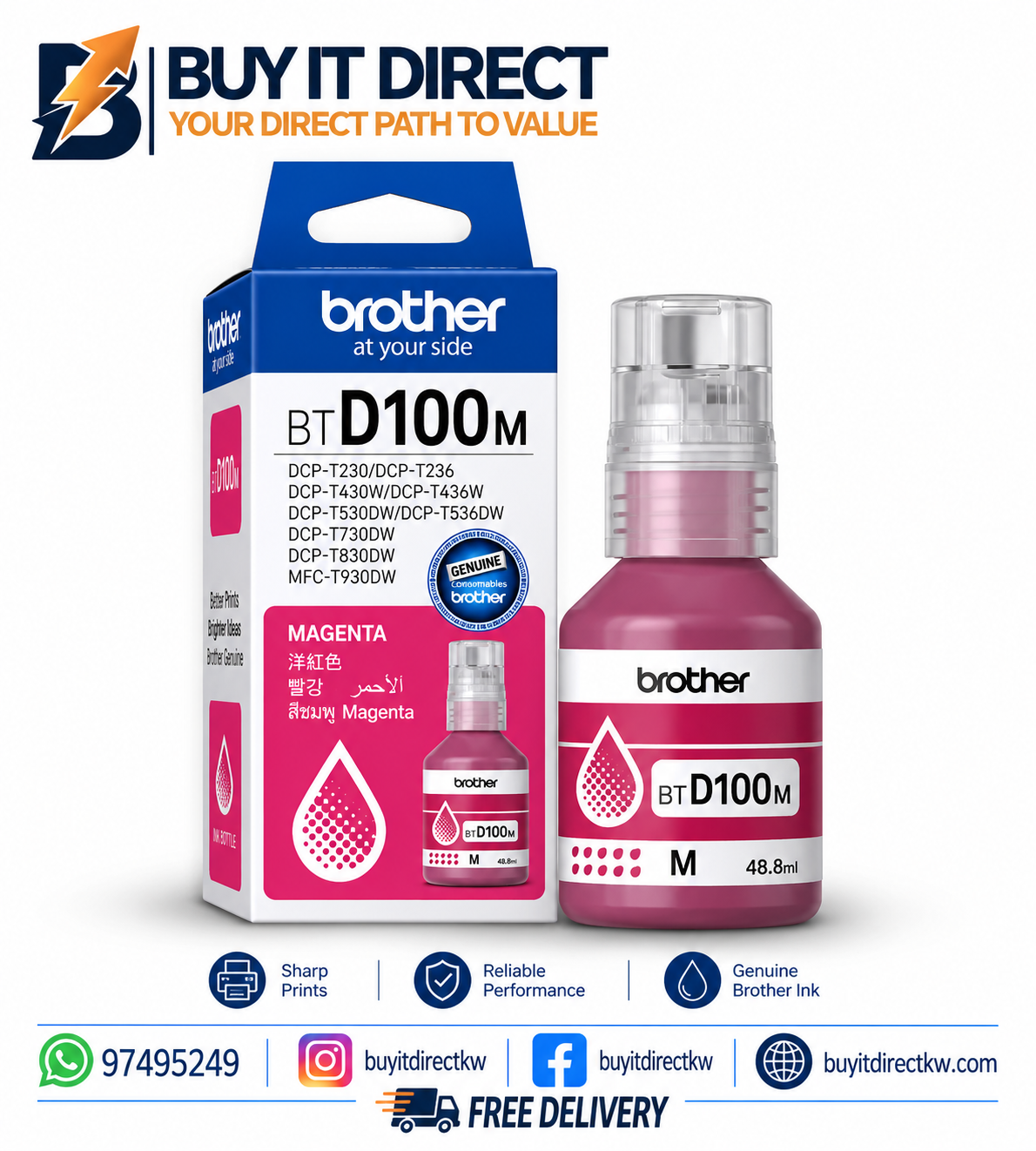 Brother Genuine BTD100M Magenta Ink Bottle 5000 Pages