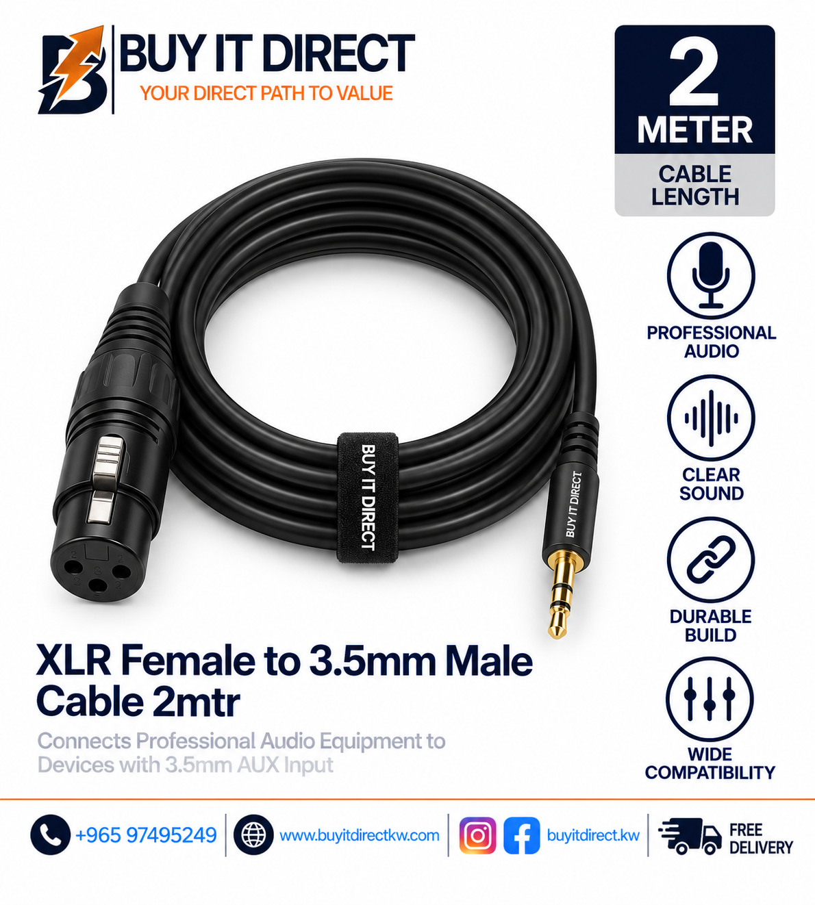 كابل XLR أنثى إلى 3.5 مم ذكر 2 متر