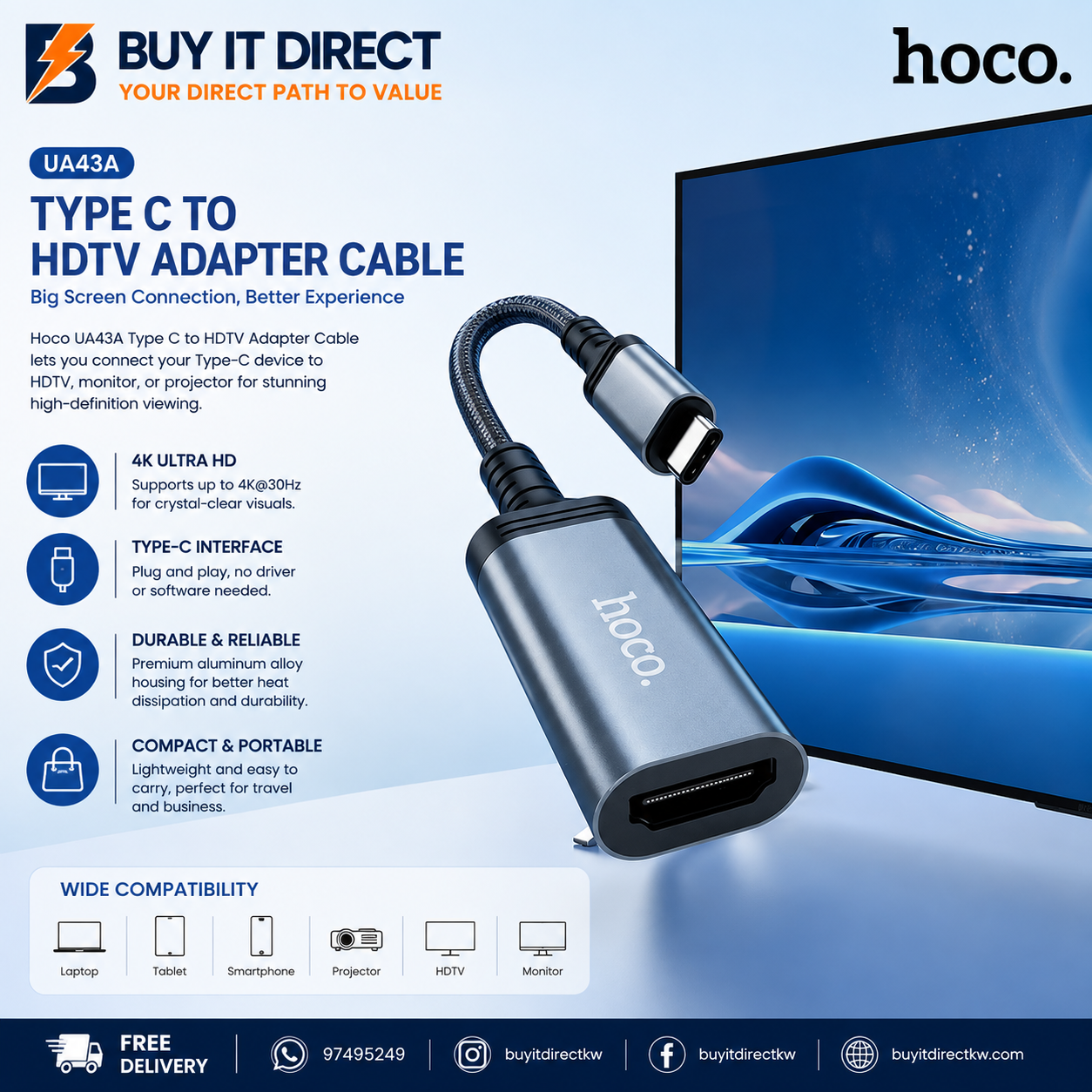 كابل محول Hoco UA43A من Type C إلى HDTV مع منفذ HDMI أنثى