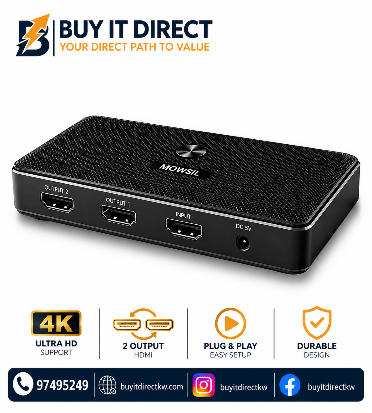 MOWSIL HDMI Splitter 1x2 4K 30Hz 3D HDR Full HD