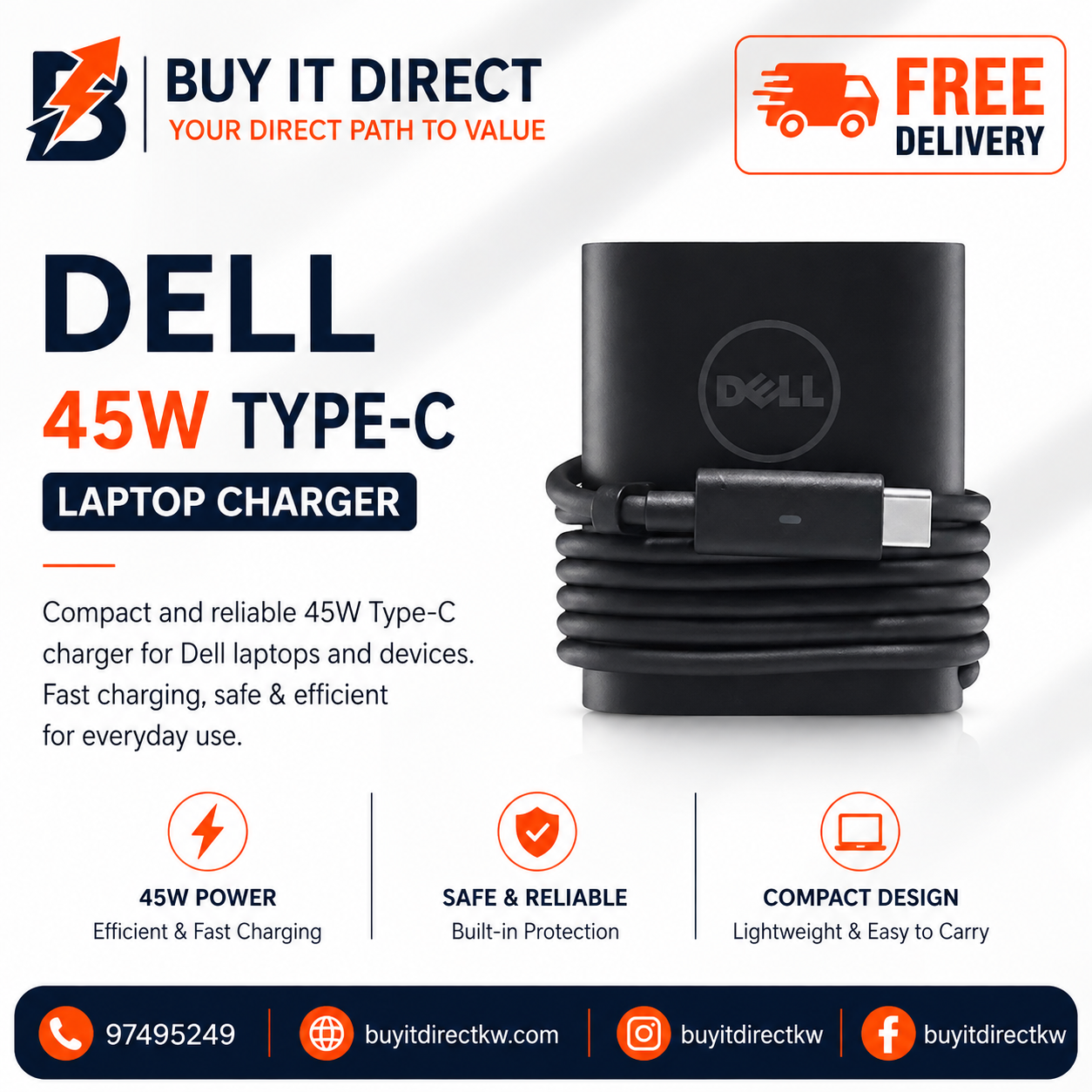 شاحن لابتوب Dell بقوة 45 واط USB-C Type-C مع كابل طاقة