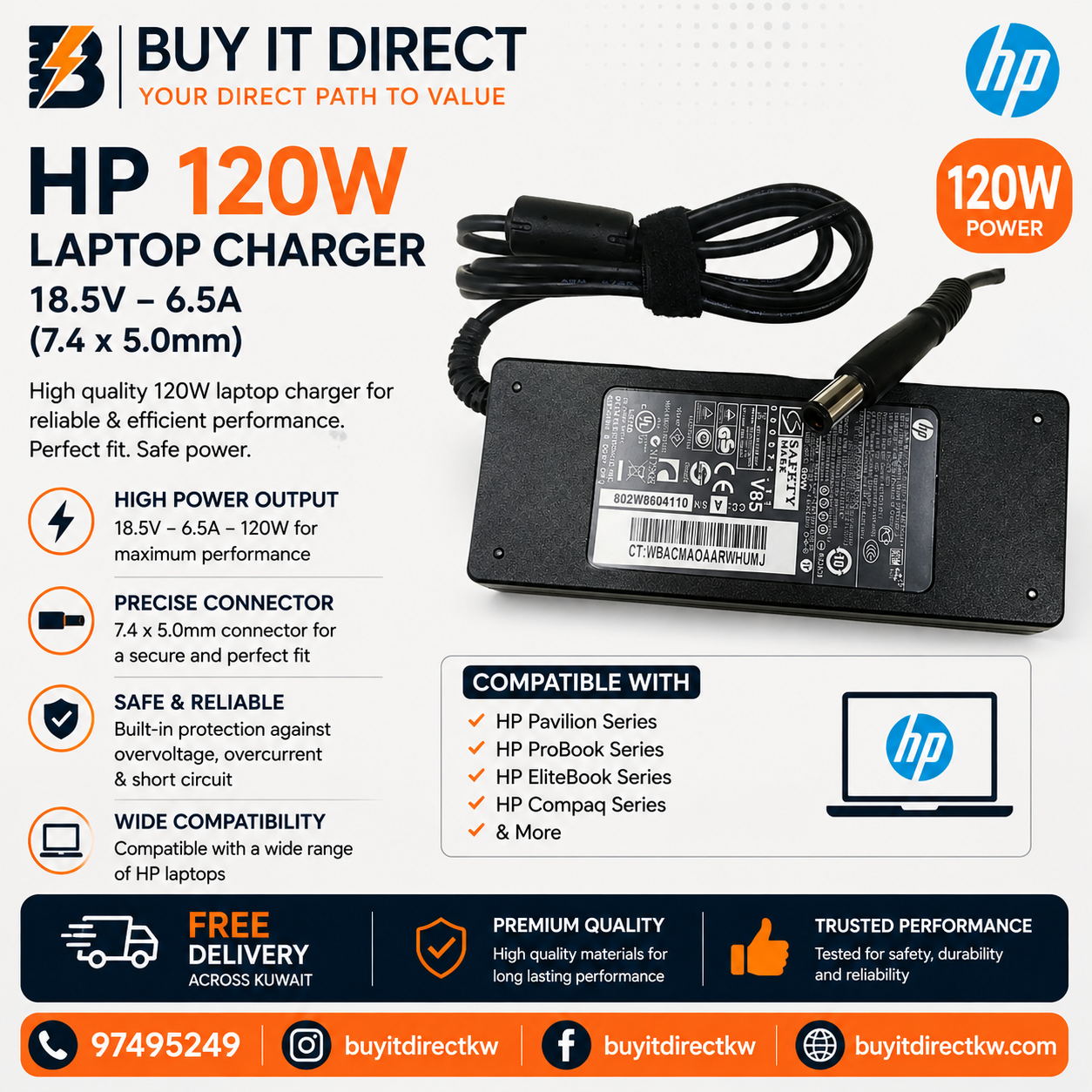 HP 45W 19.5V 2.31A Laptop Charger with Power Cable 4.5 x 3.0mm