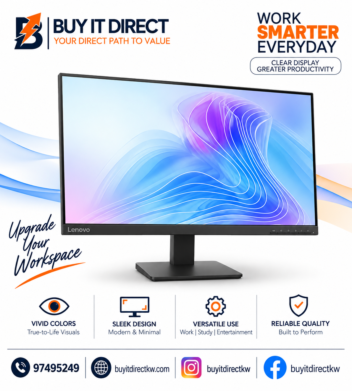 شاشة Lenovo L22-4e مقاس 21.5 بوصة بدقة Full HD ولوحة IPS وتردد 100 هرتز وزمن استجابة 4 مللي ثانية – أسود