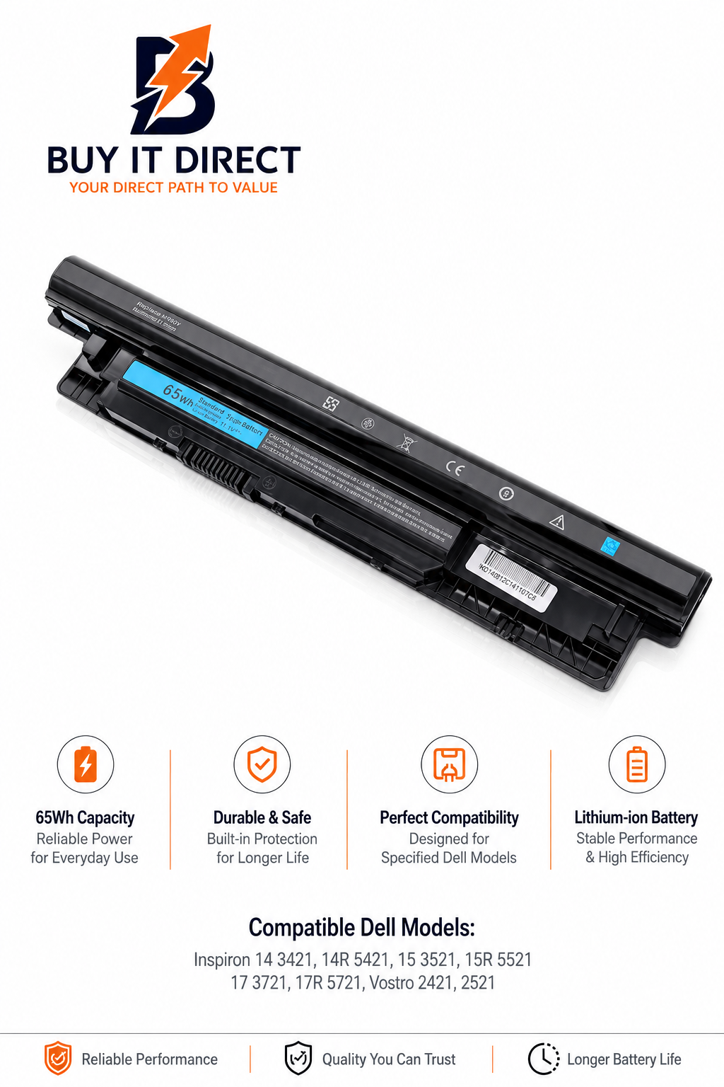 بطارية لابتوب ديل MR90Y بسعة 65 واط ساعة متوافقة مع Inspiron 14 3421 و14R 5421 و15 3521 و15R 5521 و17 3721 و17R 5721 وVostro 2421 و2521