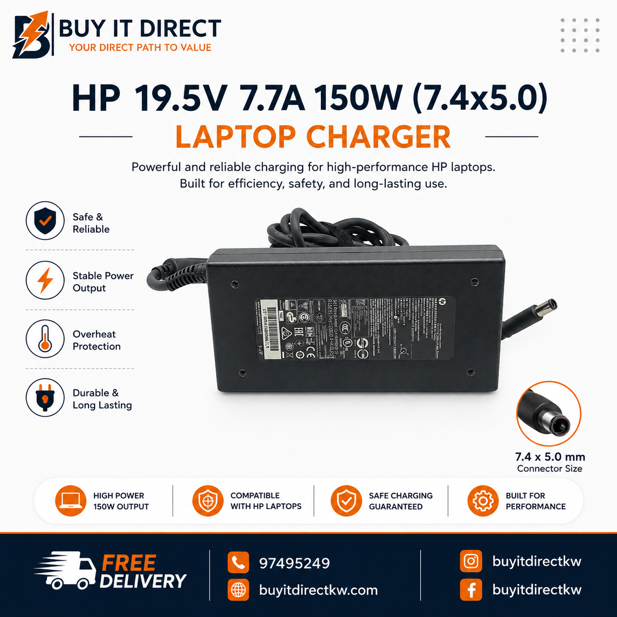 HP 150W 19.5V 7.7A Laptop Charger with Power Cable 7.4 x 5.0mm