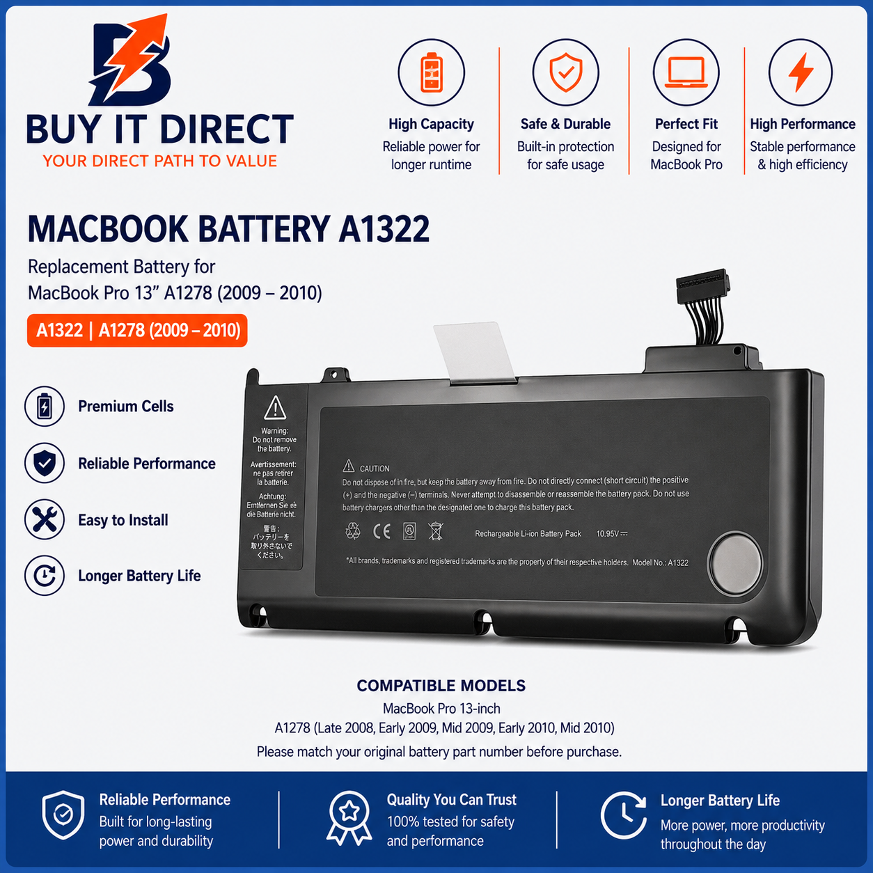 MacBook Pro 13-inch A1322 63.5Wh Replacement Battery for A1278