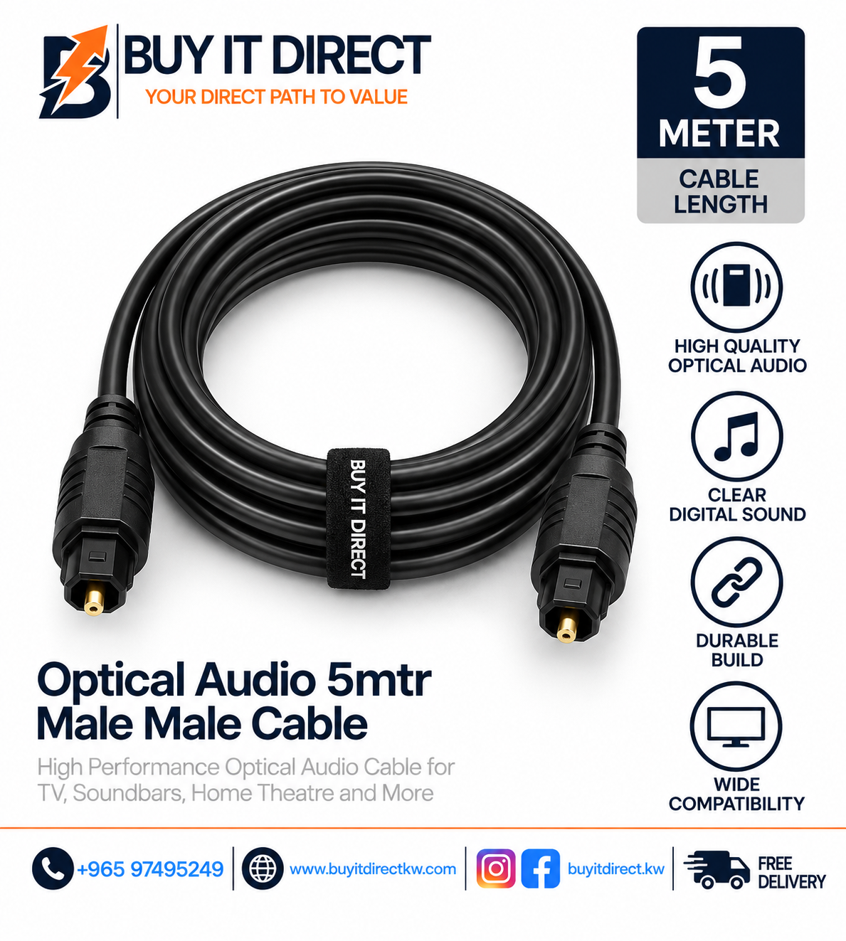 Optical Audio 5mtr Male Male Cable