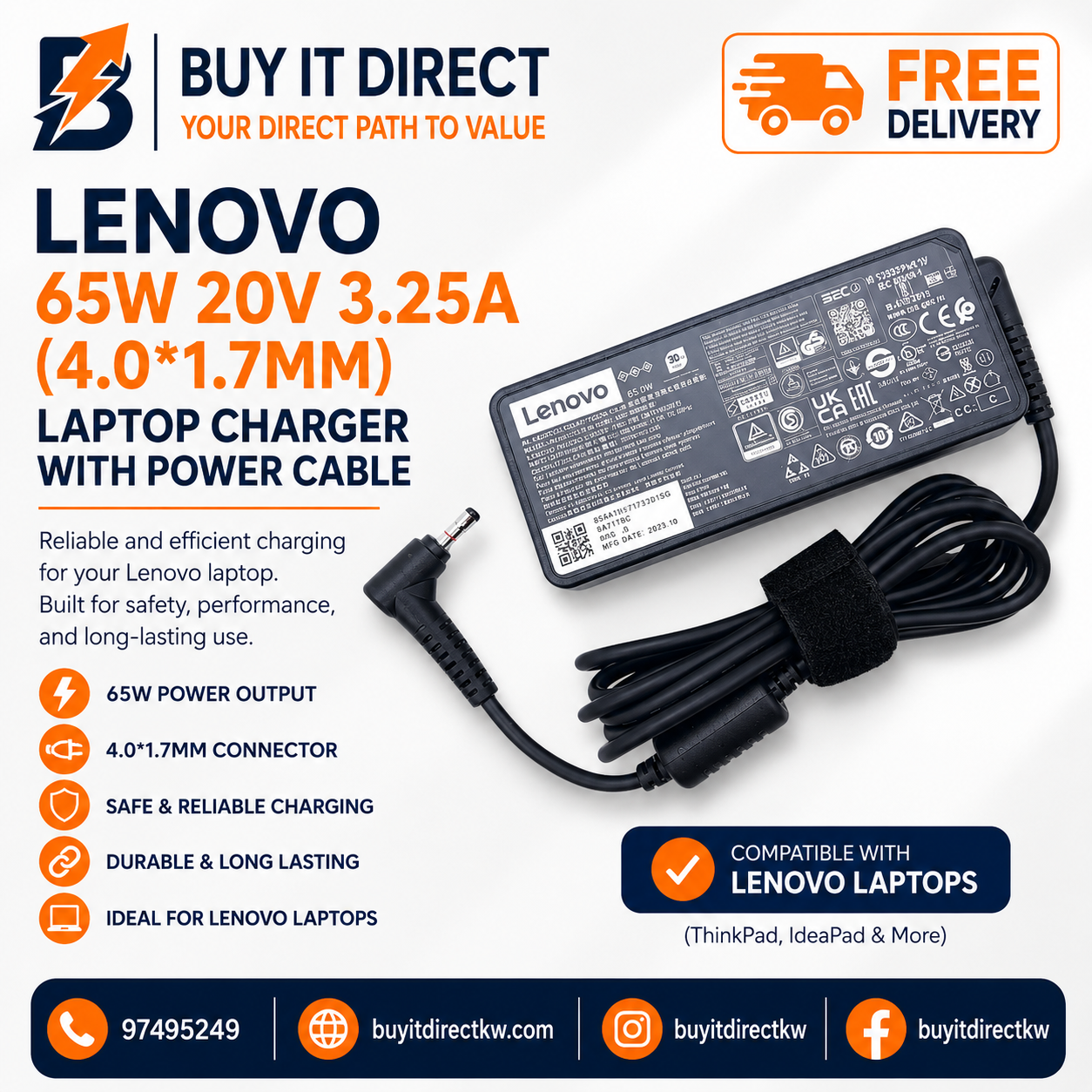 شاحن لابتوب Lenovo بقوة 65 واط 20 فولت 3.25 أمبير مع كابل طاقة 4.0 × 1.7 مم