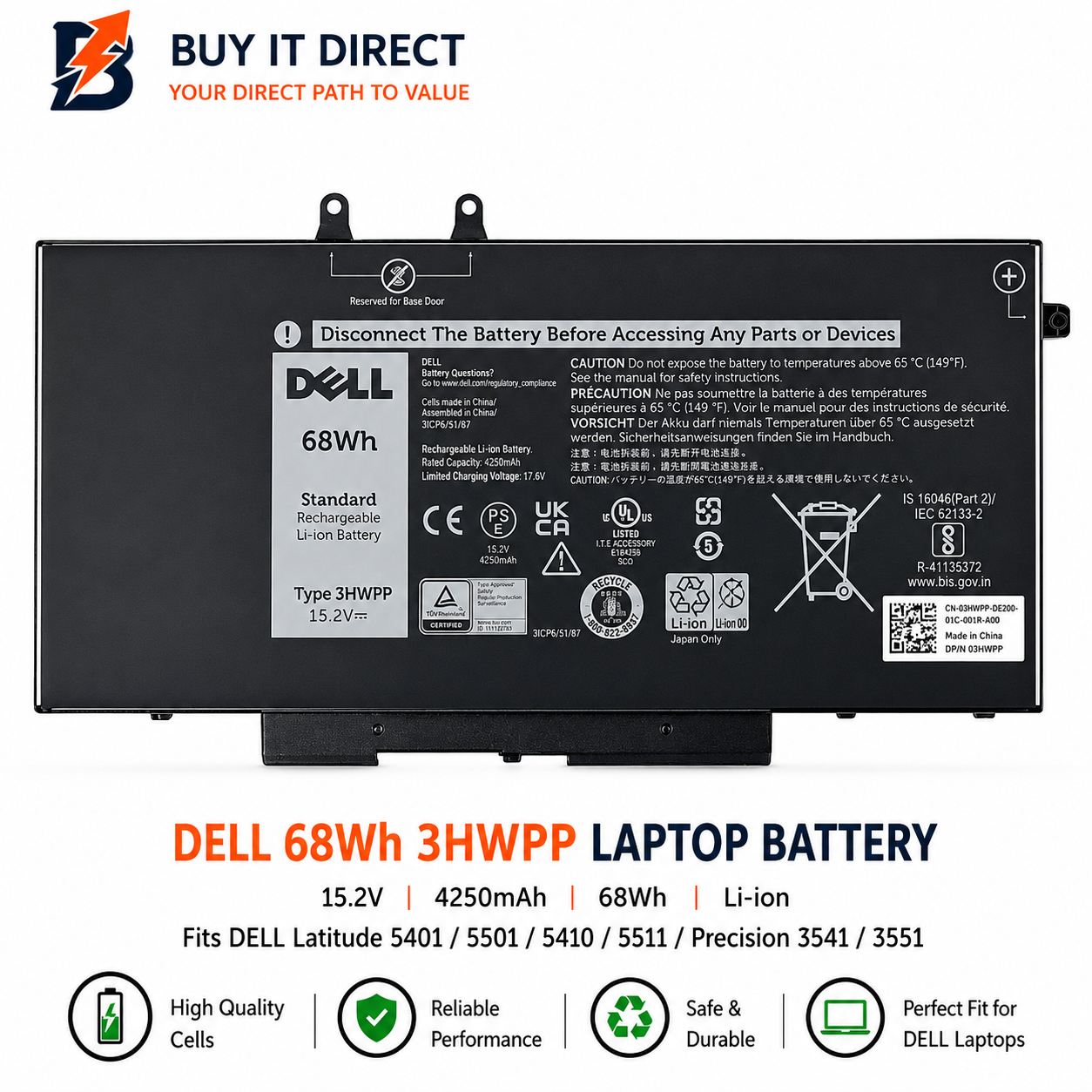 بطارية لابتوب ديل 3HWPP بسعة 68 واط ساعة متوافقة مع Latitude 5401 و5501 و5410 و5511 وPrecision 3541 و3551