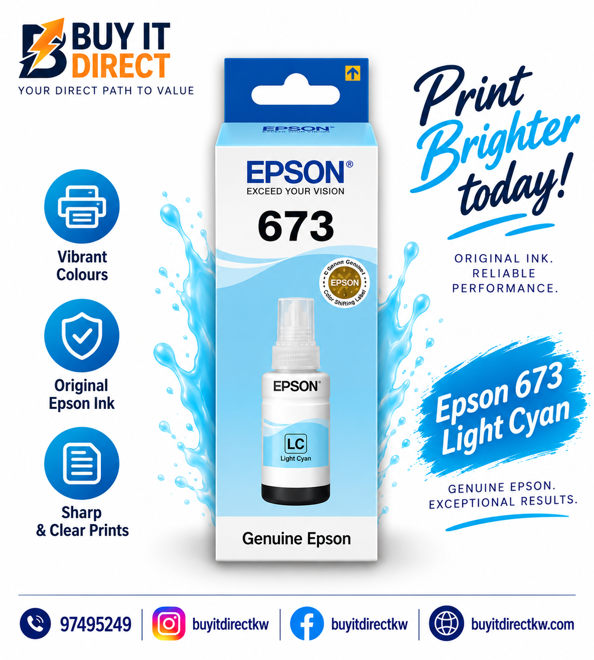 زجاجة حبر Epson T673 أصلية باللون السماوي الفاتح – C13T67354A