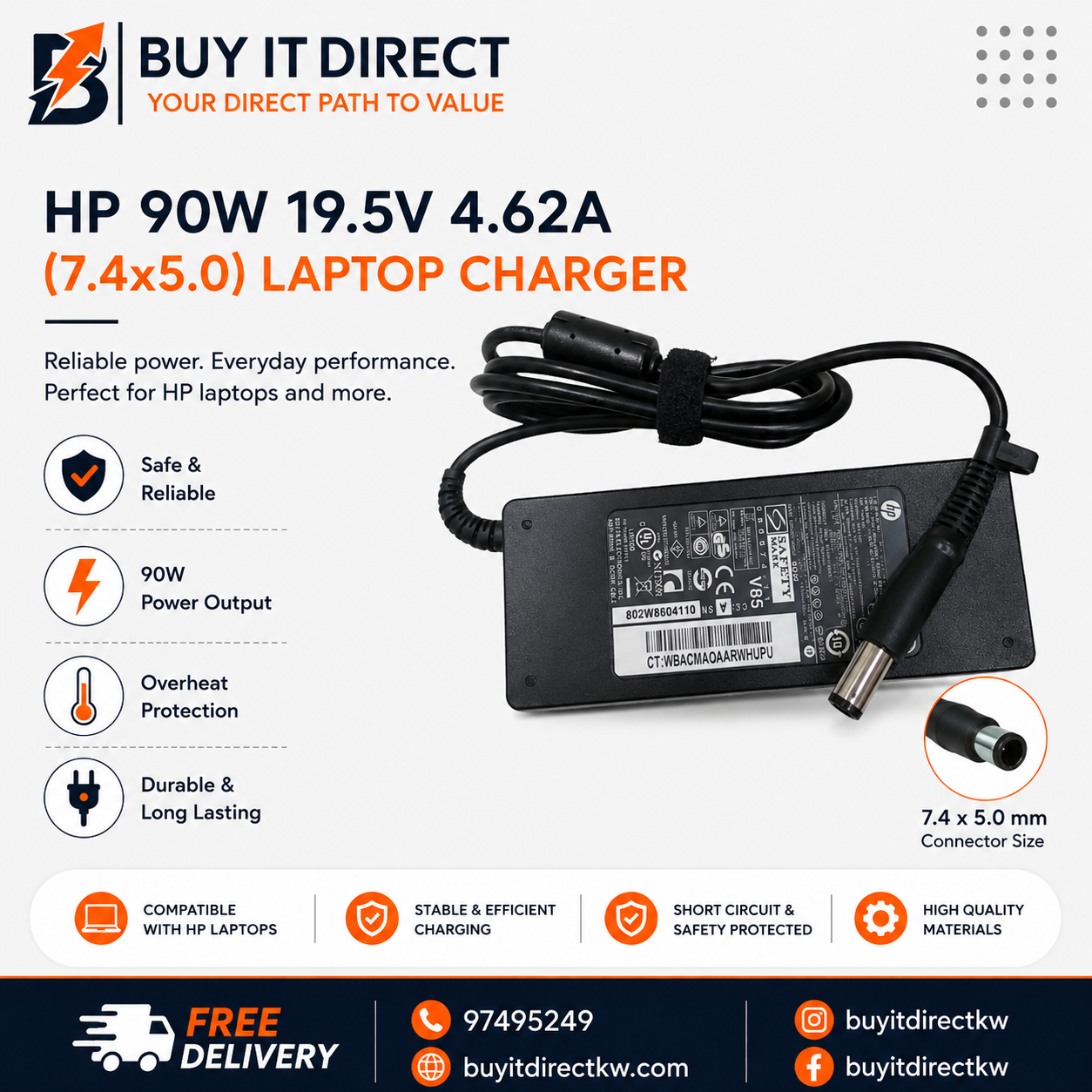 HP 90W 19.5V 4.62A Laptop Charger with Power Cable 7.4 x 5.0mm