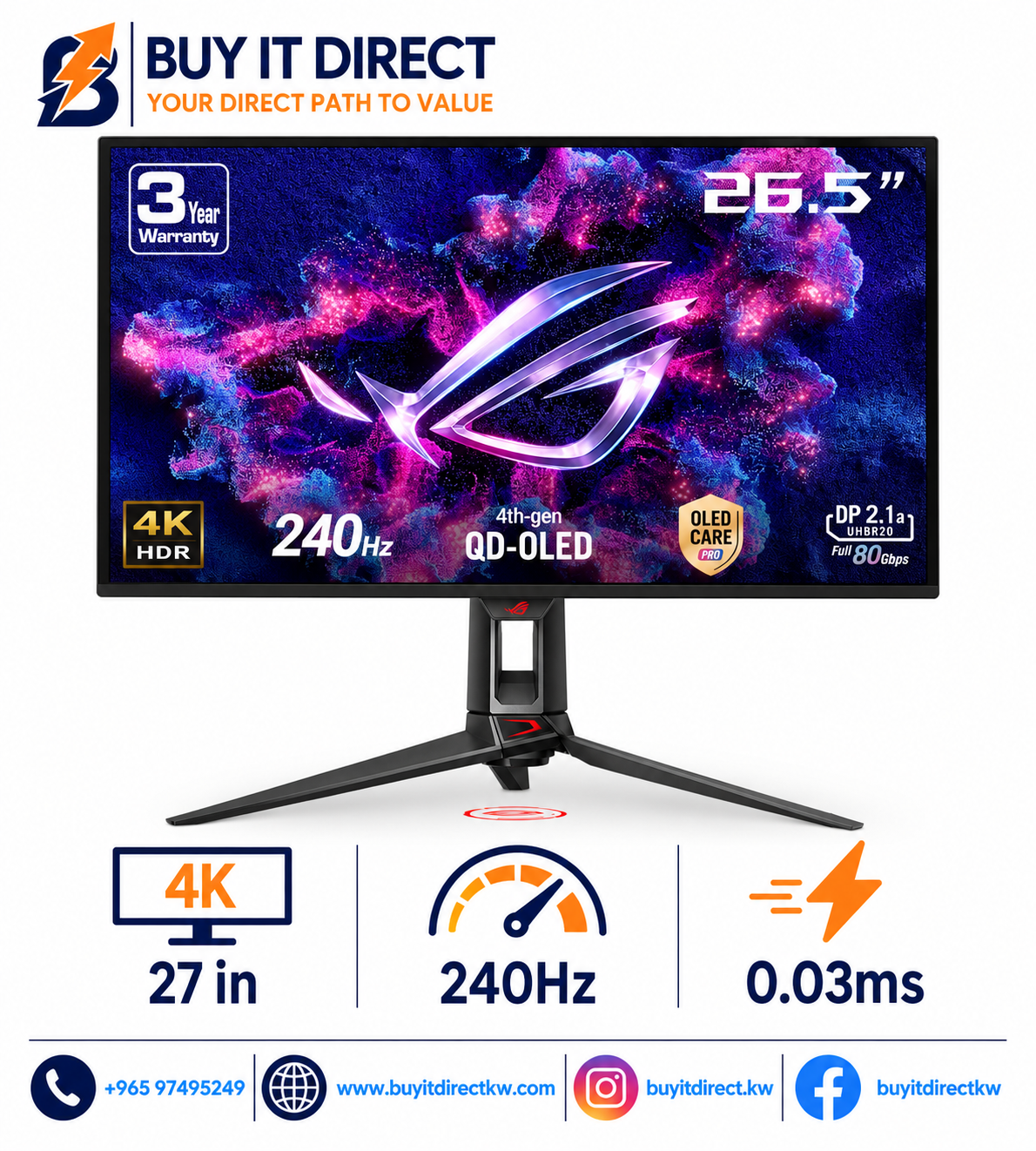 شاشة ASUS ROG Swift OLED PG27UCDM ‏27 بوصة 4K ‏240Hz ‏0.03ms QD-OLED مع USB-C ‏90W